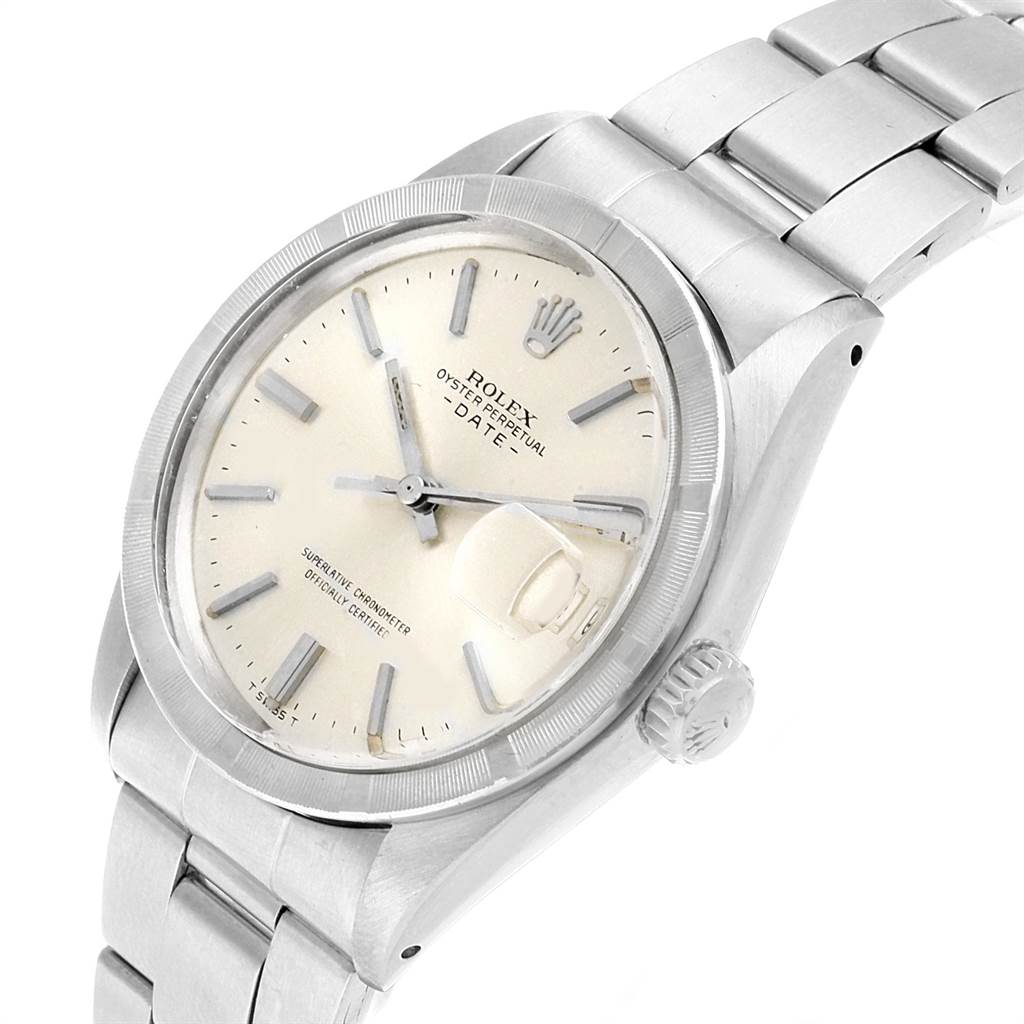 The image shows a Rolex Vintage Collection 1501 Men's Stainless Steel Silver Dial 1501 Men's Stainless Steel Silver Dial Oyster Perpetual Date watch at an angled side view, displaying the face, bezel, and bracelet.