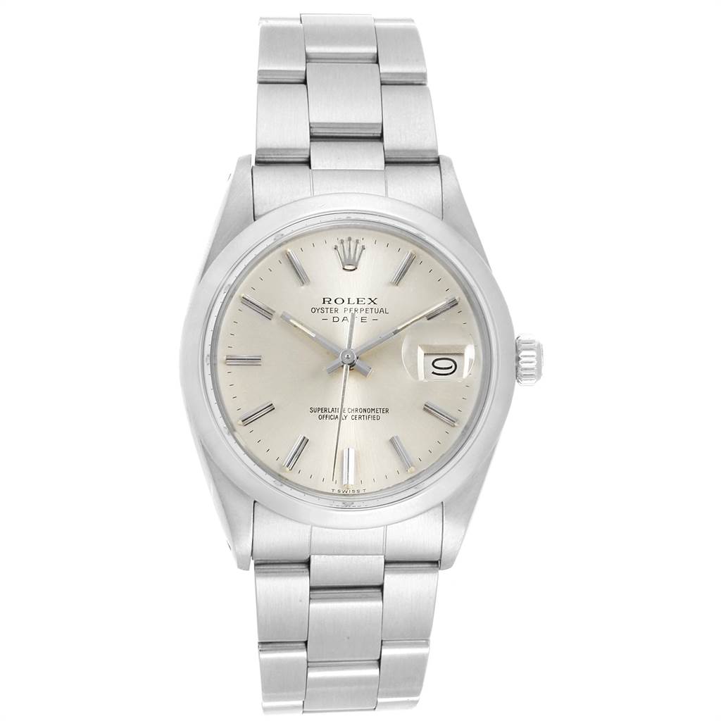 The image shows a front view of the Rolex Vintage Collection 15000 Men's Stainless Steel Silver Dial 15000 Men's Stainless Steel Silver Dial Oyster Perpetual Date, displaying the dial, hands, and bracelet.