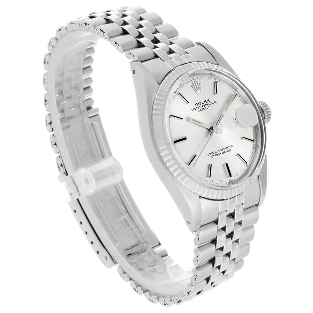 The Rolex Vintage Collection 1601 Men's Stainless Steel Silver Dial 1601 Men's Stainless Steel Silver Dial model is shown angled from the side, displaying the dial, bracelet, and crown.