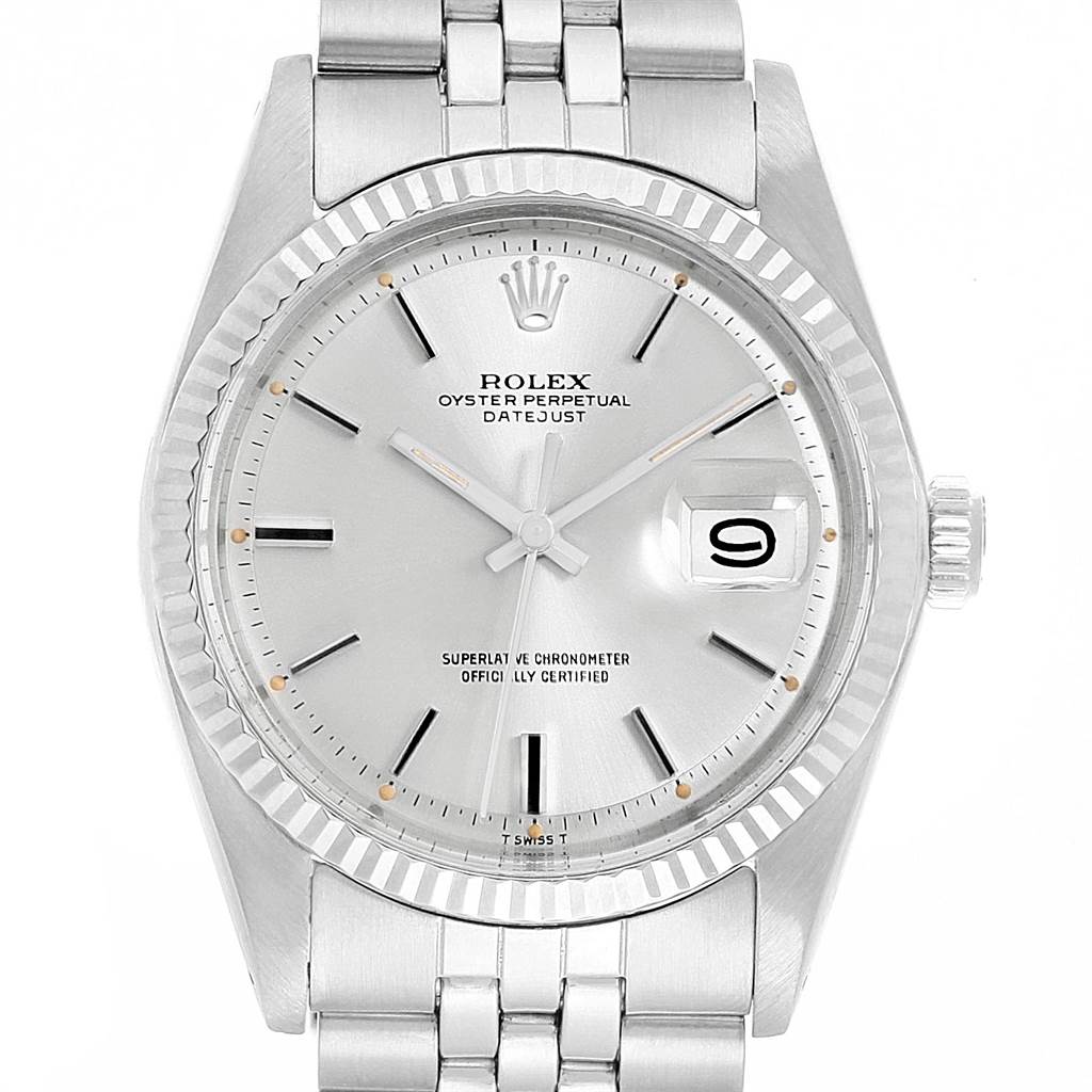This image shows a front view of a Rolex Vintage Collection 1601 Men's Stainless Steel Silver Dial 1601 Men's Stainless Steel Silver Dial Oyster Perpetual Datejust, highlighting its face, bezel, and bracelet.