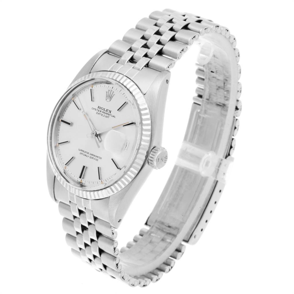 The image shows a side angle of the Rolex Vintage Collection 1601 Men's Stainless Steel Silver Dial 1601 Men's Stainless Steel Silver Dial watch, highlighting the face, bezel, crown, and bracelet.