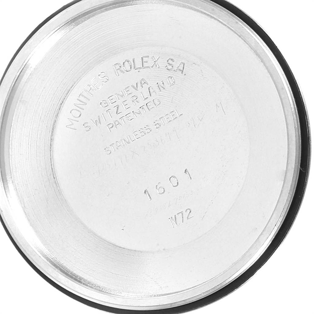 This image shows the inner case back of a Rolex Vintage Collection 1601 Men's Stainless Steel Silver Dial 1601 Men's Stainless Steel Silver Dial model, displaying the brand markings and model number 1601.