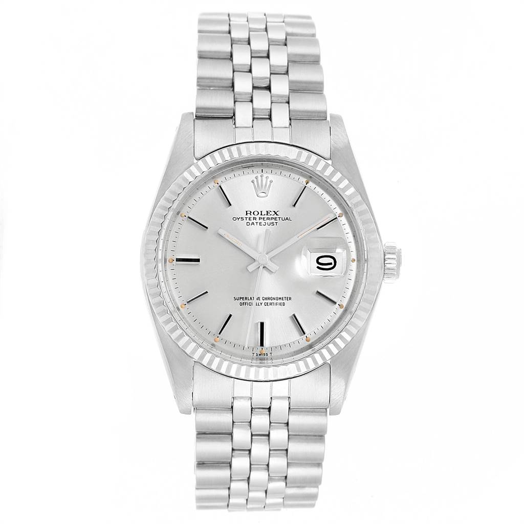 The image shows a frontal view of the Rolex Vintage Collection 1601 Men's Stainless Steel Silver Dial 1601 Men's Stainless Steel Silver Dial Oyster Perpetual Datejust watch, displaying the dial, bezel, and bracelet.