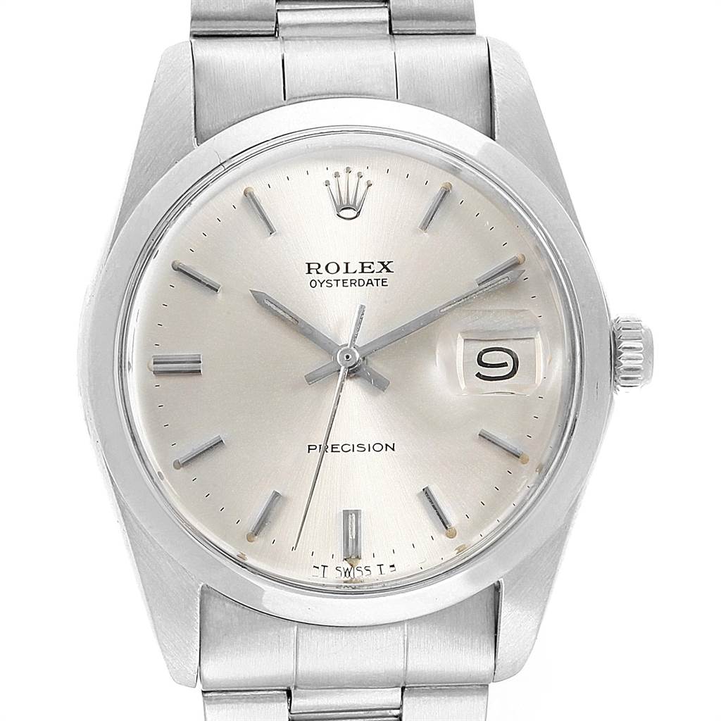 The image shows a frontal view of the Rolex Vintage Collection 6694 Men's Stainless Steel Silver Dial 6694 Men's Stainless Steel Silver Dial Oysterdate watch, highlighting the dial, hour markers, and bracelet.