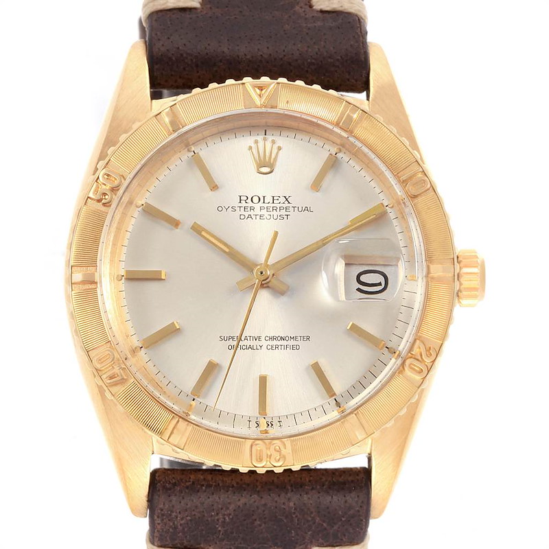 Rolex Turnograph Datejust Yellow Gold Brown Strap Vintage Watch 1625 SwissWatchExpo