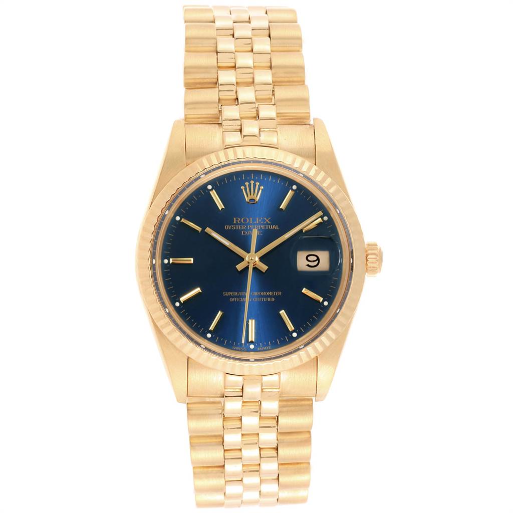 This image shows a full frontal view of the Rolex Vintage Collection 15037 Men
s Yellow Gold Blue Dial 15037 Men
s Yellow Gold Blue Dial watch, featuring a blue dial and gold link bracelet.