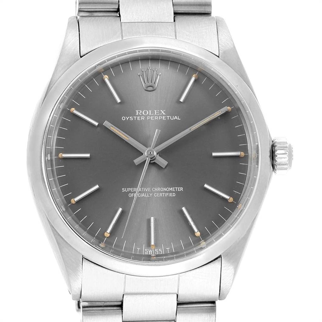 The image shows a front view of the Rolex Vintage Collection 1002 Men's Stainless Steel Grey Dial 1002 Men's Stainless Steel Grey Dial Oyster Perpetual watch, highlighting its face, hour markers, hands, and bracelet.