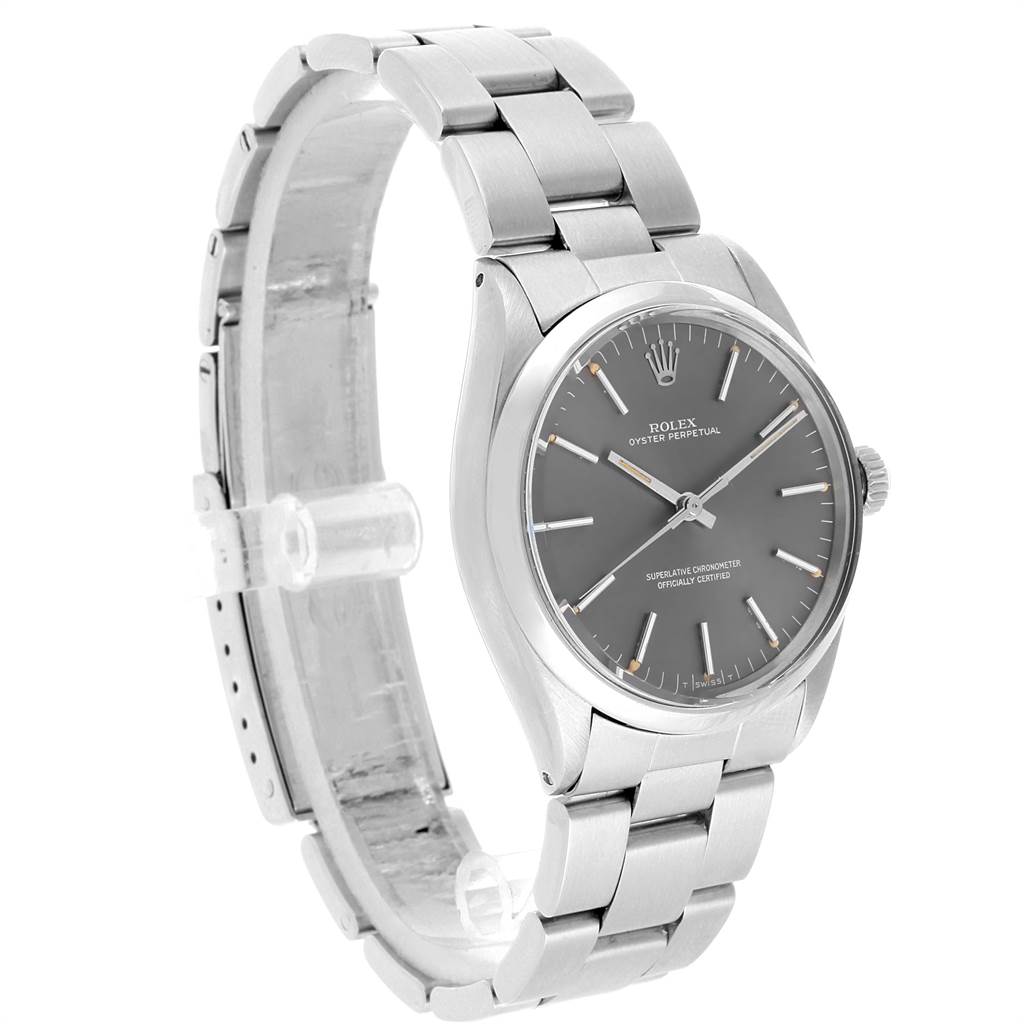 The image shows a side angle of a Rolex Vintage Collection 1002 Men's Stainless Steel Grey Dial 1002 Men's Stainless Steel Grey Dial watch, highlighting its bracelet, case, and dial.