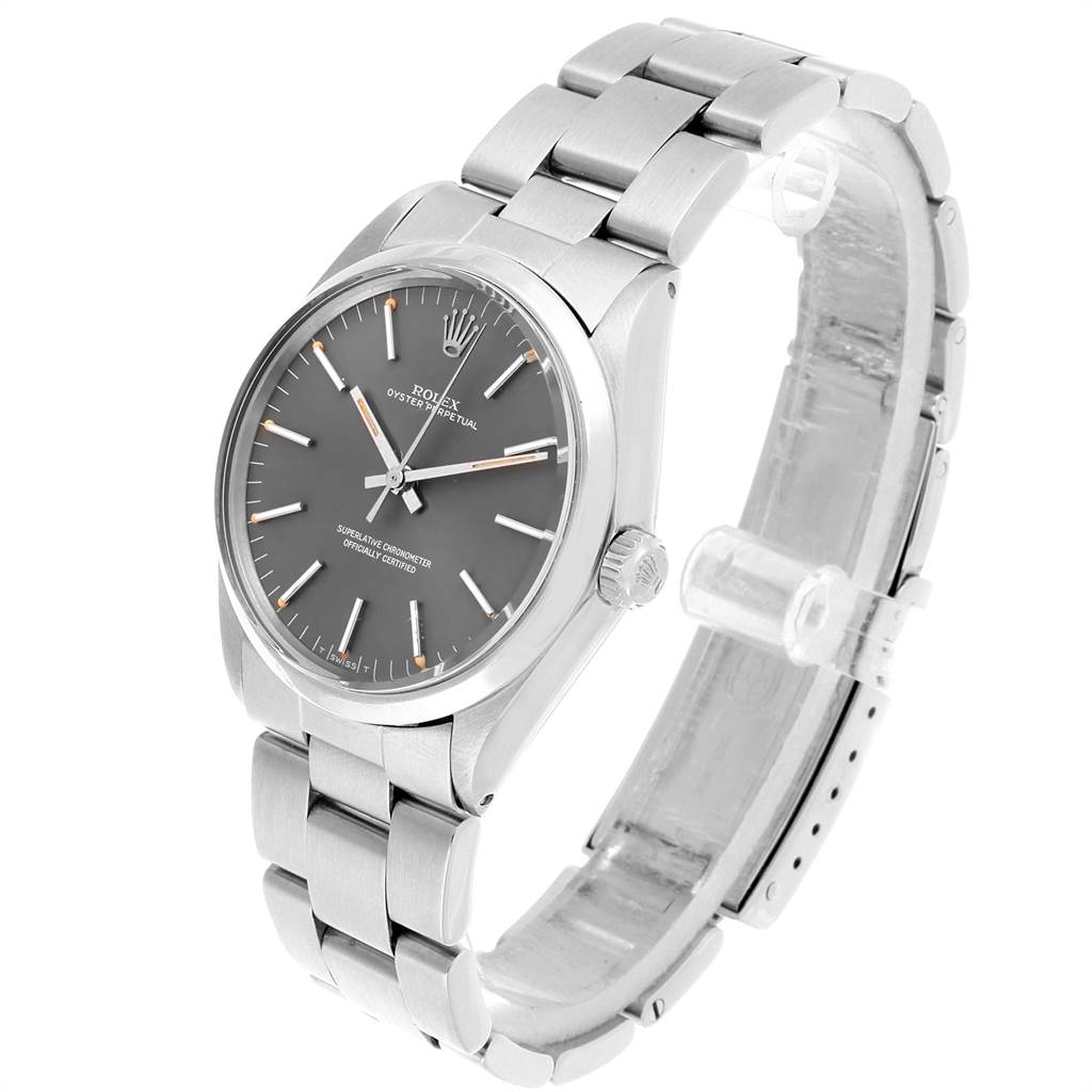 The image shows a stainless steel Rolex Vintage Collection 1002 Men's Stainless Steel Grey Dial 1002 Men's Stainless Steel Grey Dial watch, angled to display its face, bezel, case, and bracelet.