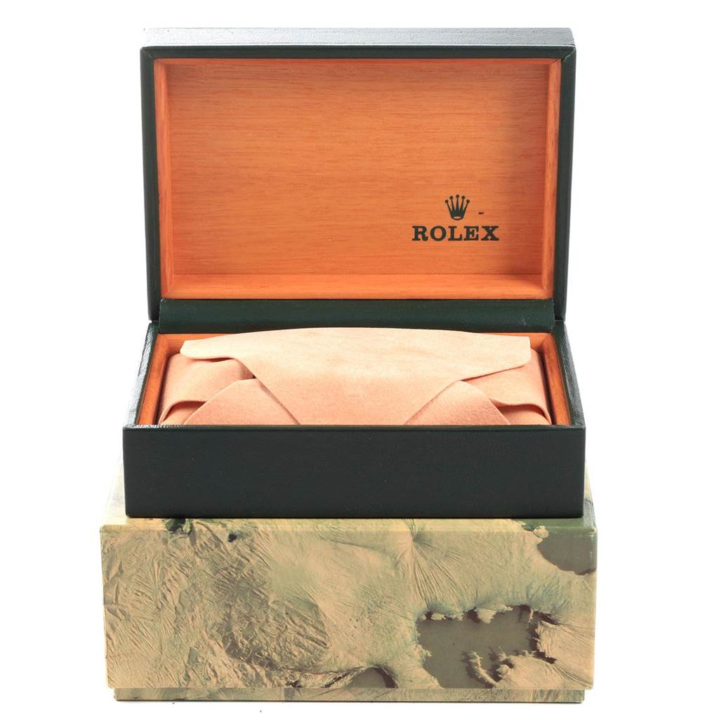 The image shows a Rolex Vintage Collection 1002 Men's Stainless Steel Grey Dial 1002 Men's Stainless Steel Grey Dial watch box with the lid open, revealing a leather-wrapped item inside.