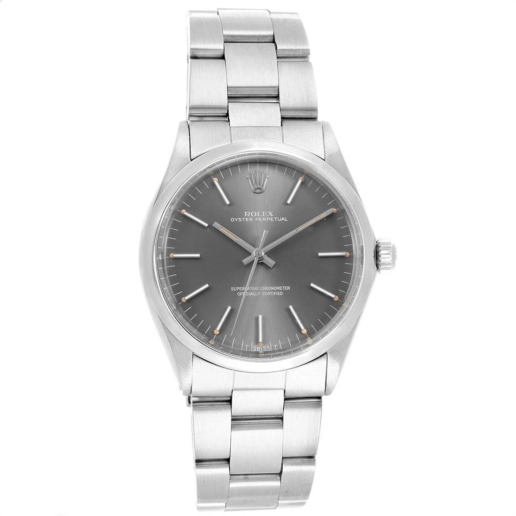The watch shown is a Rolex Vintage Collection 1002 Men's Stainless Steel Grey Dial 1002 Men's Stainless Steel Grey Dial model, displaying the face, bezel, and bracelet in a direct front view.