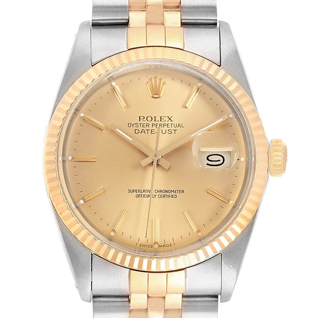 This image shows a front view of the Rolex Vintage Collection 16013 Men's Stainless Steel Champagne Dial 16013 Men's Stainless Steel Champagne Dial watch, highlighting its dial, bezel, hands, and bracelet.