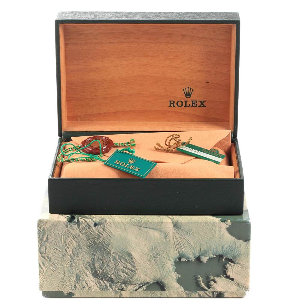 The image shows an open wooden box with Rolex Vintage Collection 16013 Men's Stainless Steel Champagne Dial 16013 Men's Stainless Steel Champagne Dial labels and tags, viewed from the front.