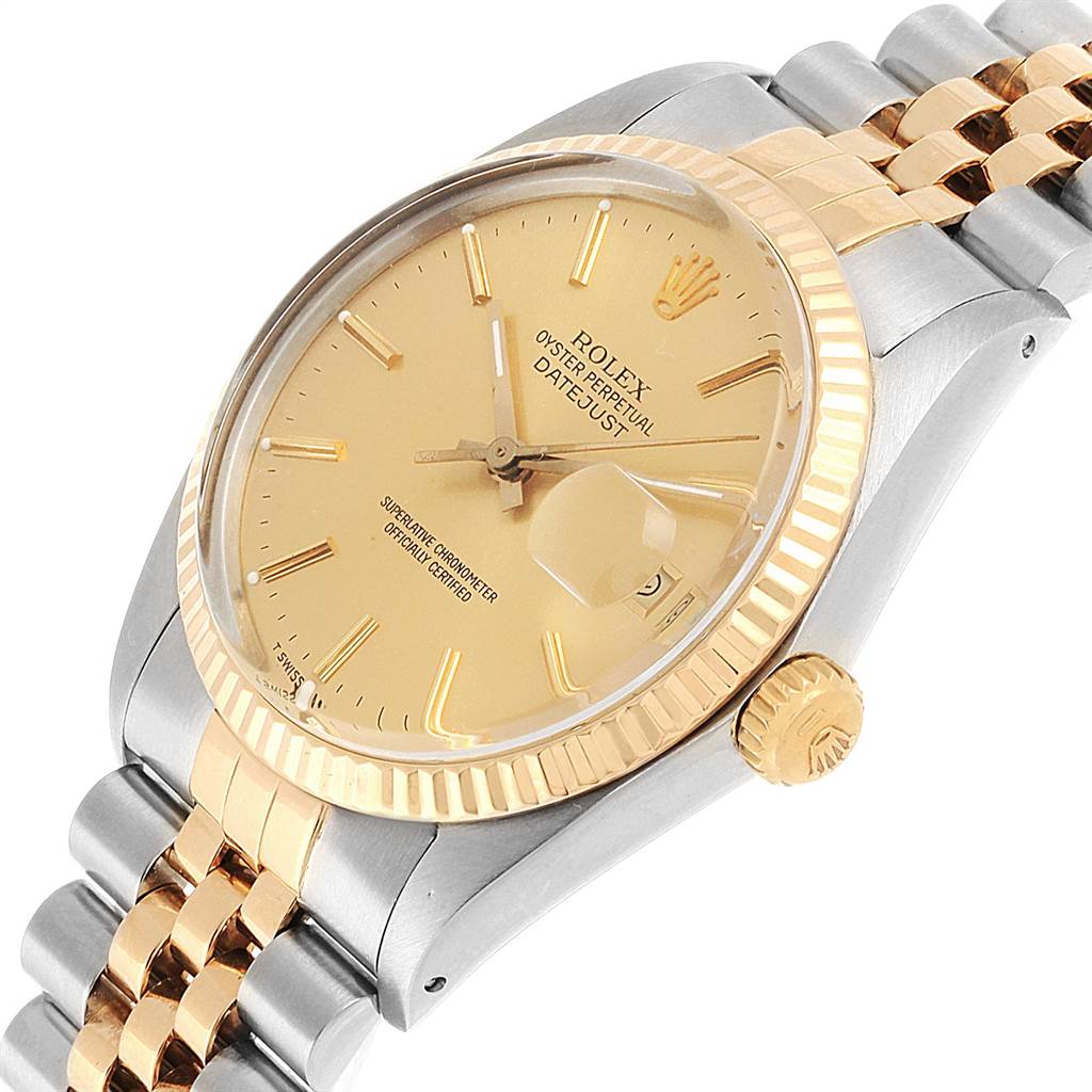 This Rolex Vintage Collection 16013 Men's Stainless Steel Champagne Dial 16013 Men's Stainless Steel Champagne Dial model watch is shown from an angled view, displaying the dial, crown, bezel, and part of the bracelet.