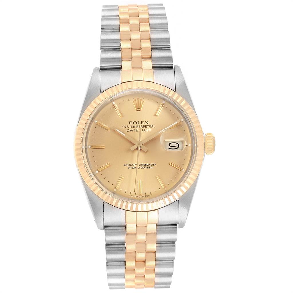 The image shows a frontal view of the Rolex Vintage Collection 16013 Men's Stainless Steel Champagne Dial 16013 Men's Stainless Steel Champagne Dial Datejust watch, highlighting its dial, bezel, and two-tone bracelet.