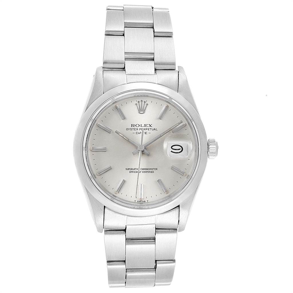 The image shows a front view of the Rolex Vintage Collection 15000 Men's Stainless Steel Silver Dial 15000 Men's Stainless Steel Silver Dial Oyster Perpetual Date watch, displaying its dial, date window, and bracelet.