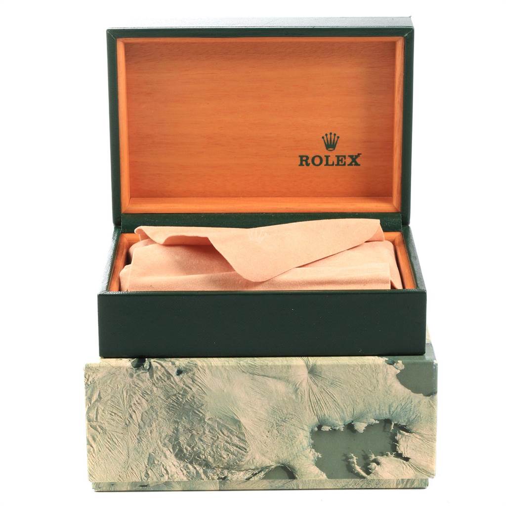 The image shows an open Rolex Vintage Collection 15000 Men's Stainless Steel Silver Dial 15000 Men's Stainless Steel Silver Dial watch box with a cloth inside, viewed from the front.