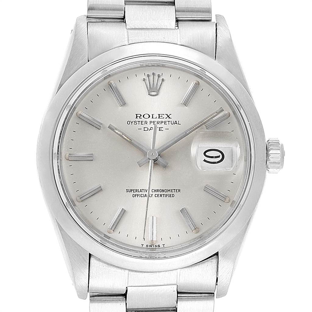 This Rolex Vintage Collection 15000 Men's Stainless Steel Silver Dial 15000 Men's Stainless Steel Silver Dial watch is shown from a top view, displaying the face, hour markers, date window, and part of the bracelet.