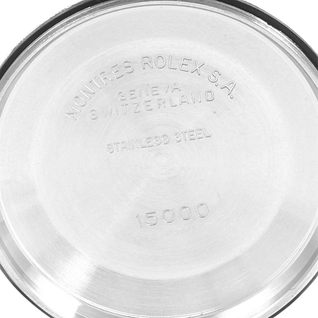 This is a detailed close-up of the back case of a Rolex Vintage Collection 15000 Men's Stainless Steel Silver Dial 15000 Men's Stainless Steel Silver Dial watch, showcasing the brand information and model number.