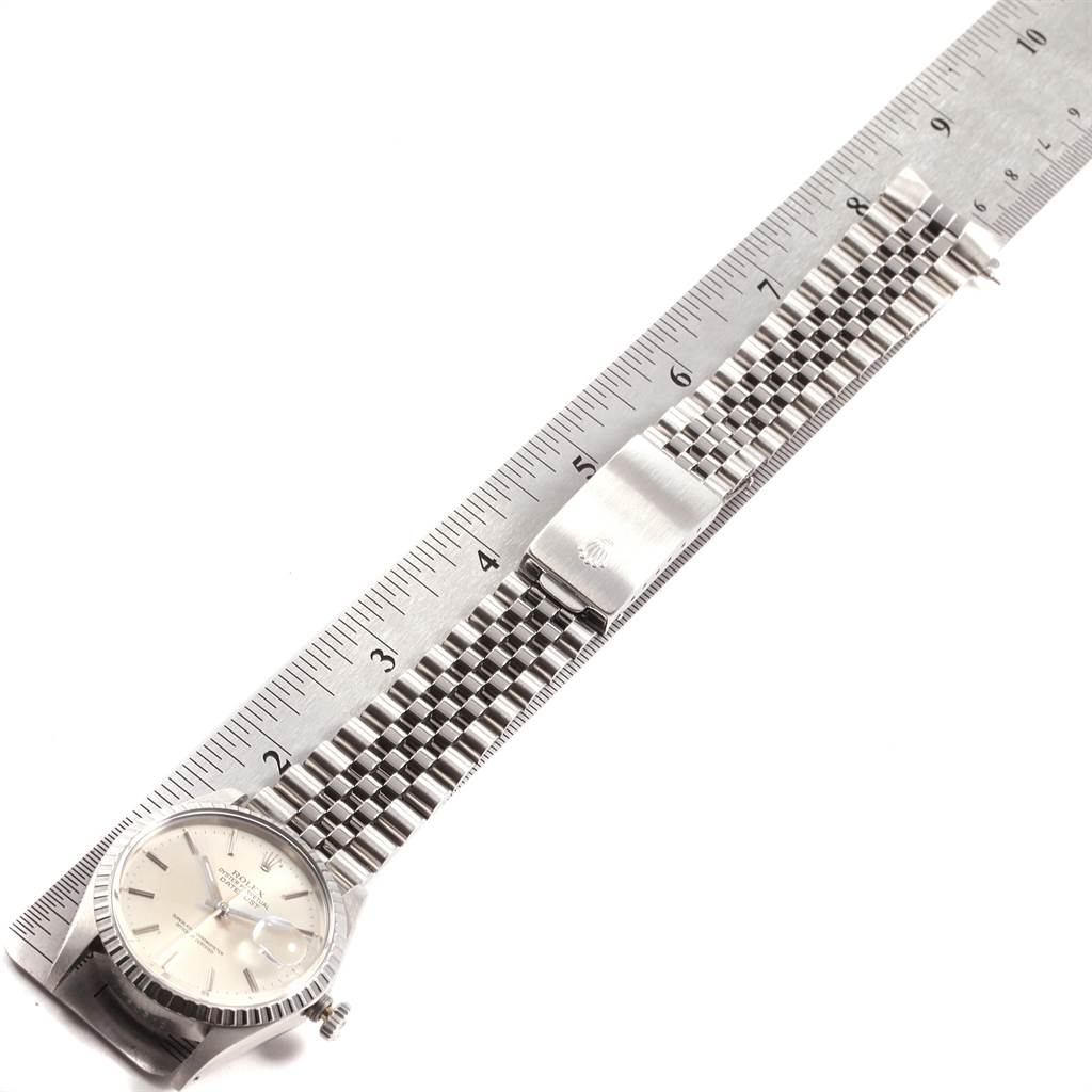 The angled top-down image shows the full length of the Rolex Vintage Collection 16030 Men's Stainless Steel Silver Dial 16030 Men's Stainless Steel Silver Dial watch, including the face and two-tone metal bracelet with clasp.
