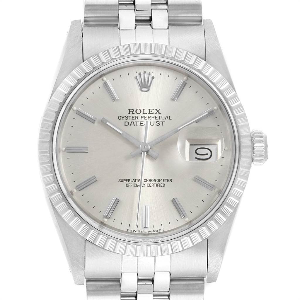 The image shows a front view of the Rolex Vintage Collection 16030 Men's Stainless Steel Silver Dial 16030 Men's Stainless Steel Silver Dial Oyster Perpetual Datejust watch, highlighting the dial, bezel, and bracelet.