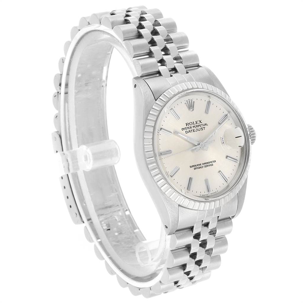 This image shows a side angle of the Rolex Vintage Collection 16030 Men's Stainless Steel Silver Dial 16030 Men's Stainless Steel Silver Dial Datejust watch, highlighting its bezel, dial, bracelet, and crown.
