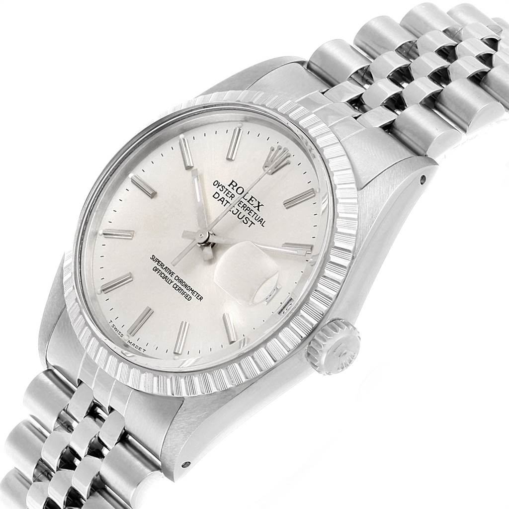 The image shows a Rolex Vintage Collection 16030 Men's Stainless Steel Silver Dial 16030 Men's Stainless Steel Silver Dial model from an oblique angle, highlighting the face, bezel, and bracelet.