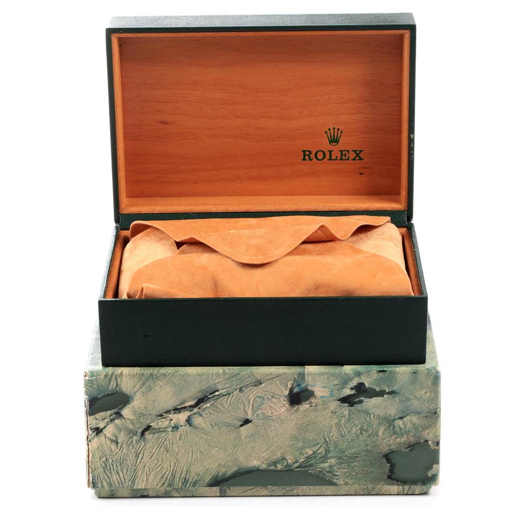 The image shows an open box of the Rolex Vintage Collection 16030 Men's Stainless Steel Silver Dial 16030 Men's Stainless Steel Silver Dial model, revealing the inner packaging and Rolex branding.