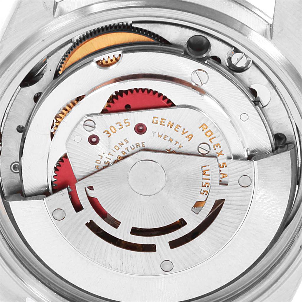 This close-up shows the internal mechanism of a Vintage Collection watch by Rolex.