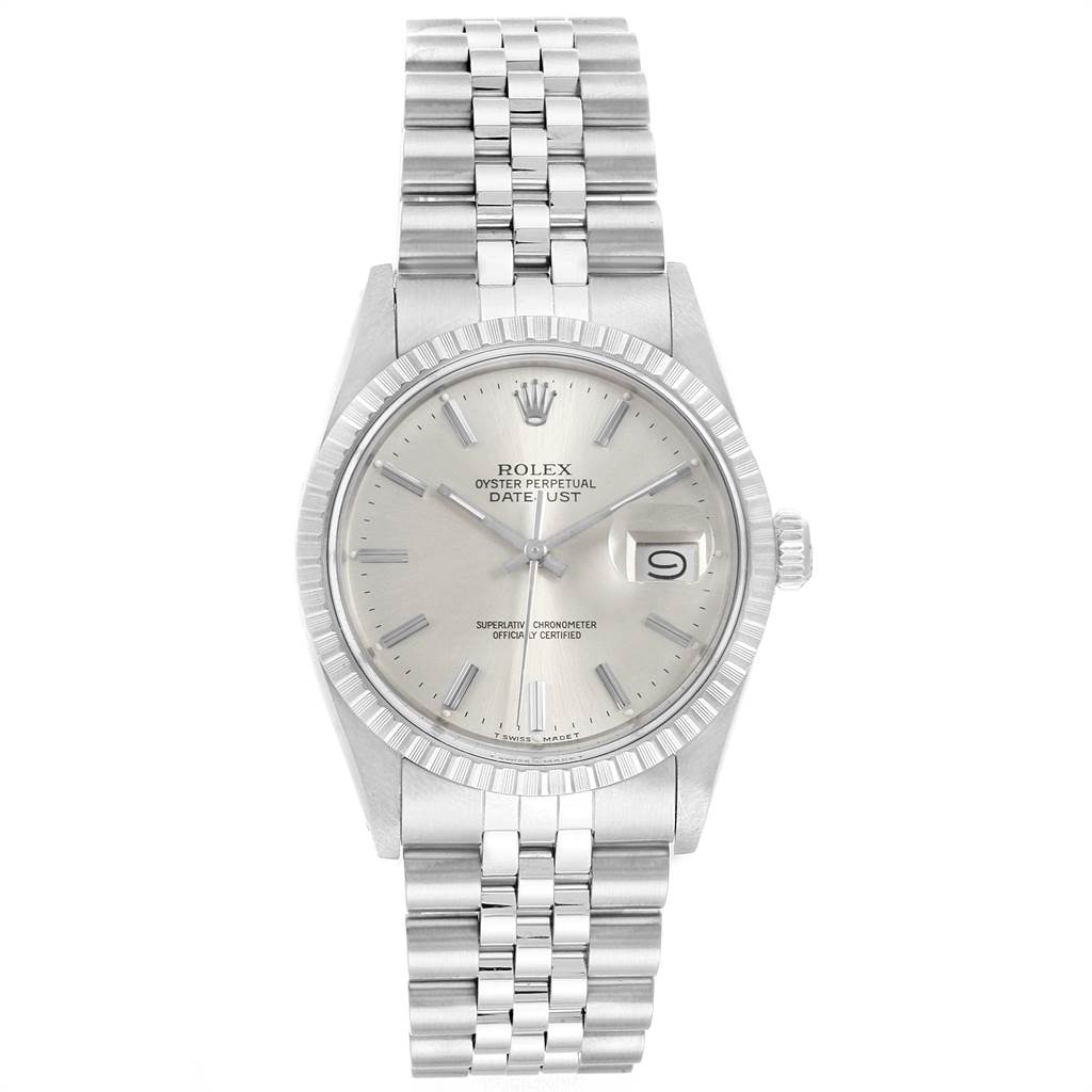 The image shows a front view of the Rolex Vintage Collection 16030 Men's Stainless Steel Silver Dial 16030 Men's Stainless Steel Silver Dial Oyster Perpetual Datejust watch, displaying the face and bracelet.