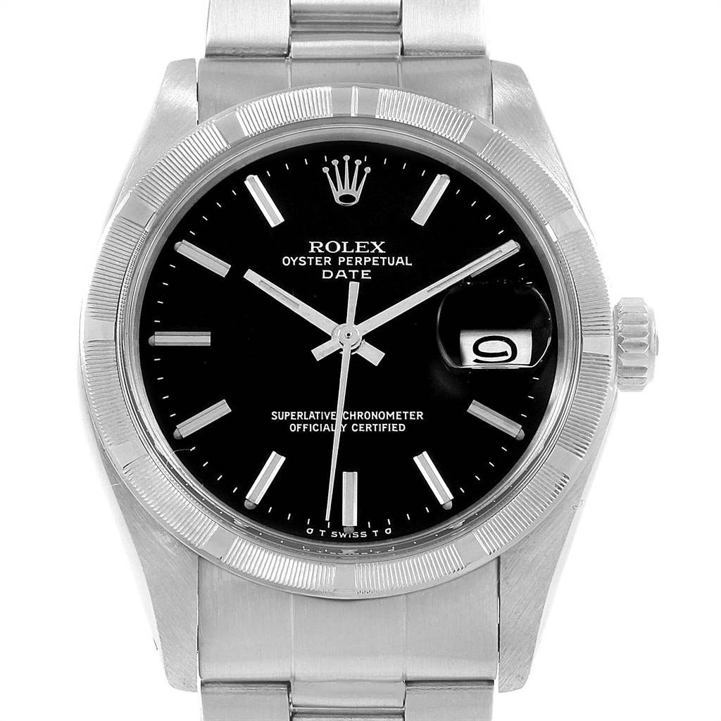 The image shows a front view of the Rolex Vintage Collection 1501 Men's Stainless Steel Black Dial 1501 Men's Stainless Steel Black Dial Oyster Perpetual Date, featuring the dial, bezel, and part of the bracelet.
