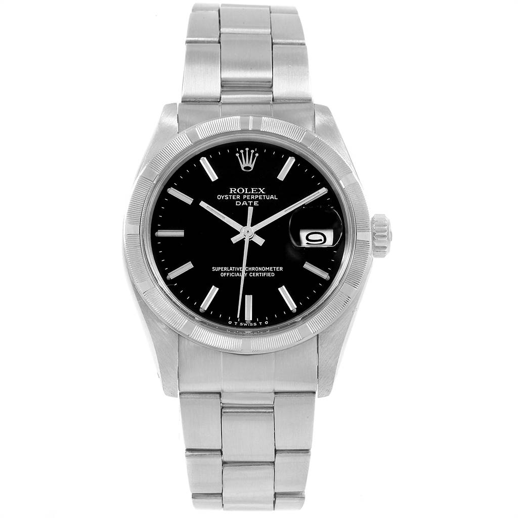 The image shows a front view of the Rolex Vintage Collection 1501 Men's Stainless Steel Black Dial 1501 Men's Stainless Steel Black Dial model watch, highlighting its black dial, stainless steel band, and date window.