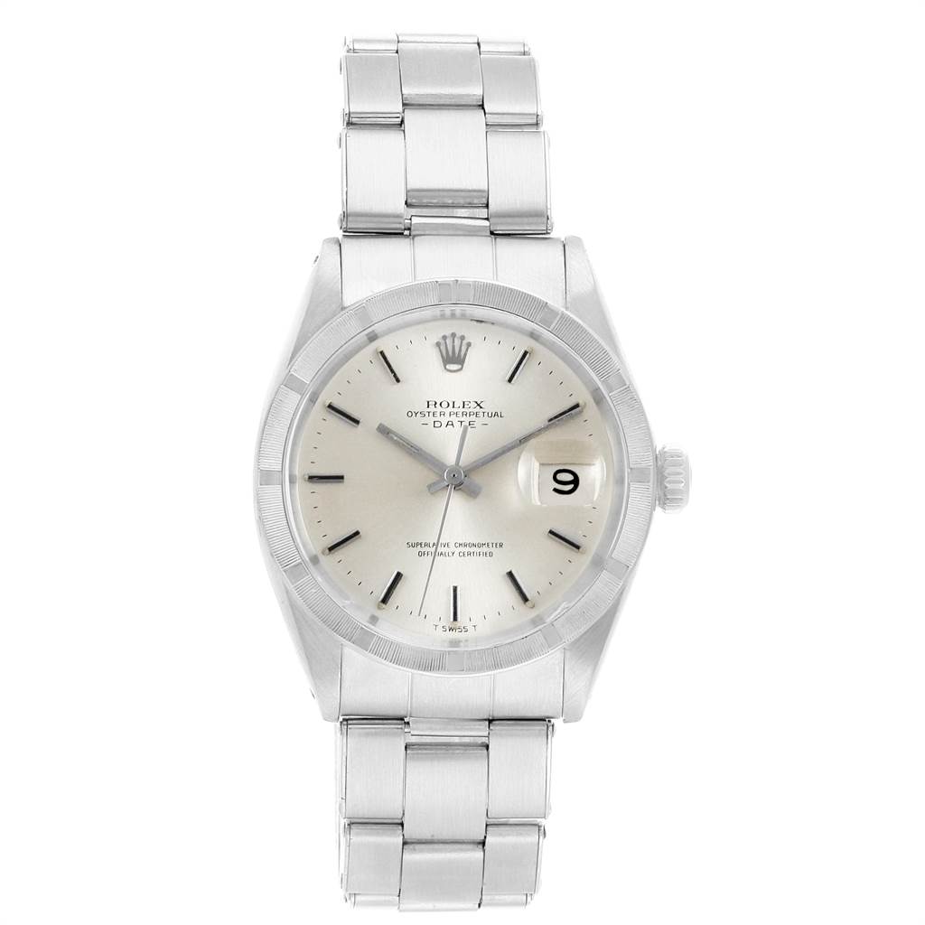 This image shows a face-on view of the Rolex Vintage Collection 1501 Men's Stainless Steel White Dial 1501 Men's Stainless Steel White Dial model, featuring the dial, hands, date window, and bracelet.