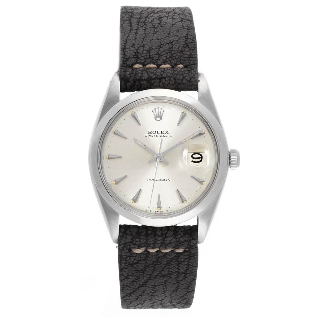 The image shows a Rolex Vintage Collection 6694 Men's Stainless Steel Silver Dial 6694 Men's Stainless Steel Silver Dial Oysterdate watch, viewed from the front, displaying the face, bezel, and leather strap.