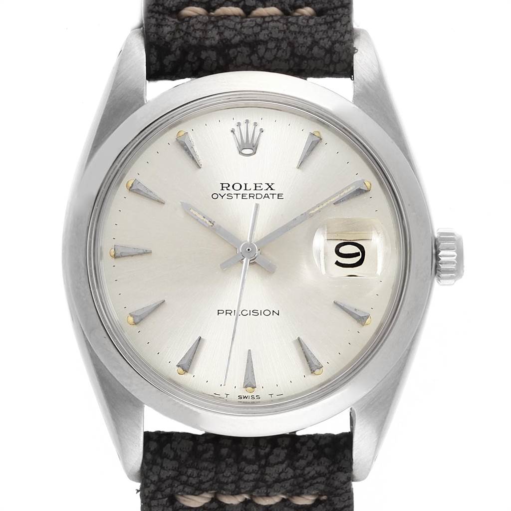 The image shows a front view of a Rolex Vintage Collection 6694 Men's Stainless Steel Silver Dial 6694 Men's Stainless Steel Silver Dial Oysterdate Precision model watch, highlighting the dial and strap.