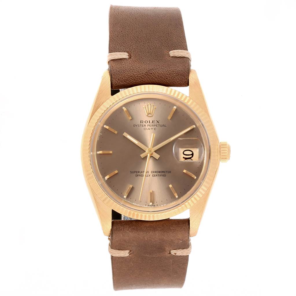 The Rolex Vintage Collection 1503 Men's Yellow Gold Brown Dial 1503 Men's Yellow Gold Brown Dial watch is shown from a front angle, showcasing its dial, bezel, hands, strap, and date window.