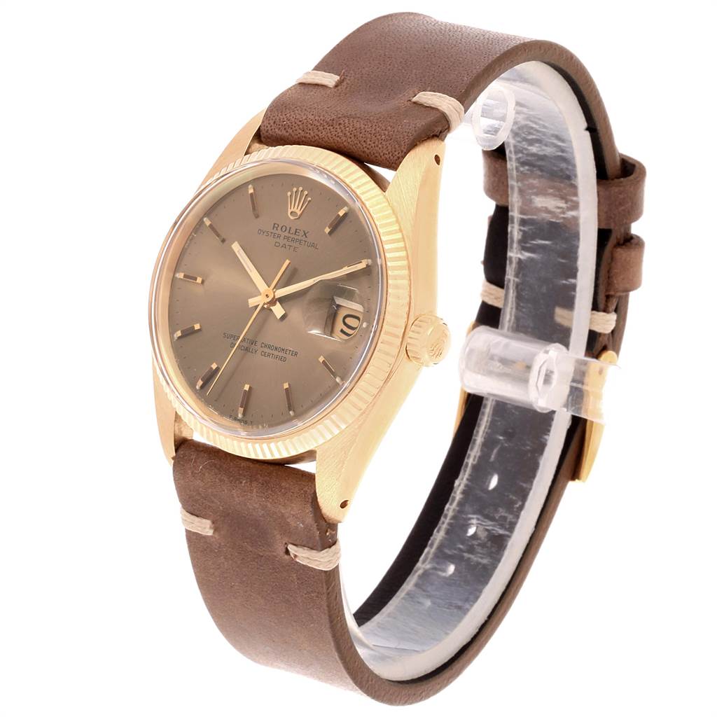 This Rolex Vintage Collection 1503 Men's Yellow Gold Brown Dial 1503 Men's Yellow Gold Brown Dial watch is shown from a slight right-side angle, highlighting the face, crown, and leather strap.