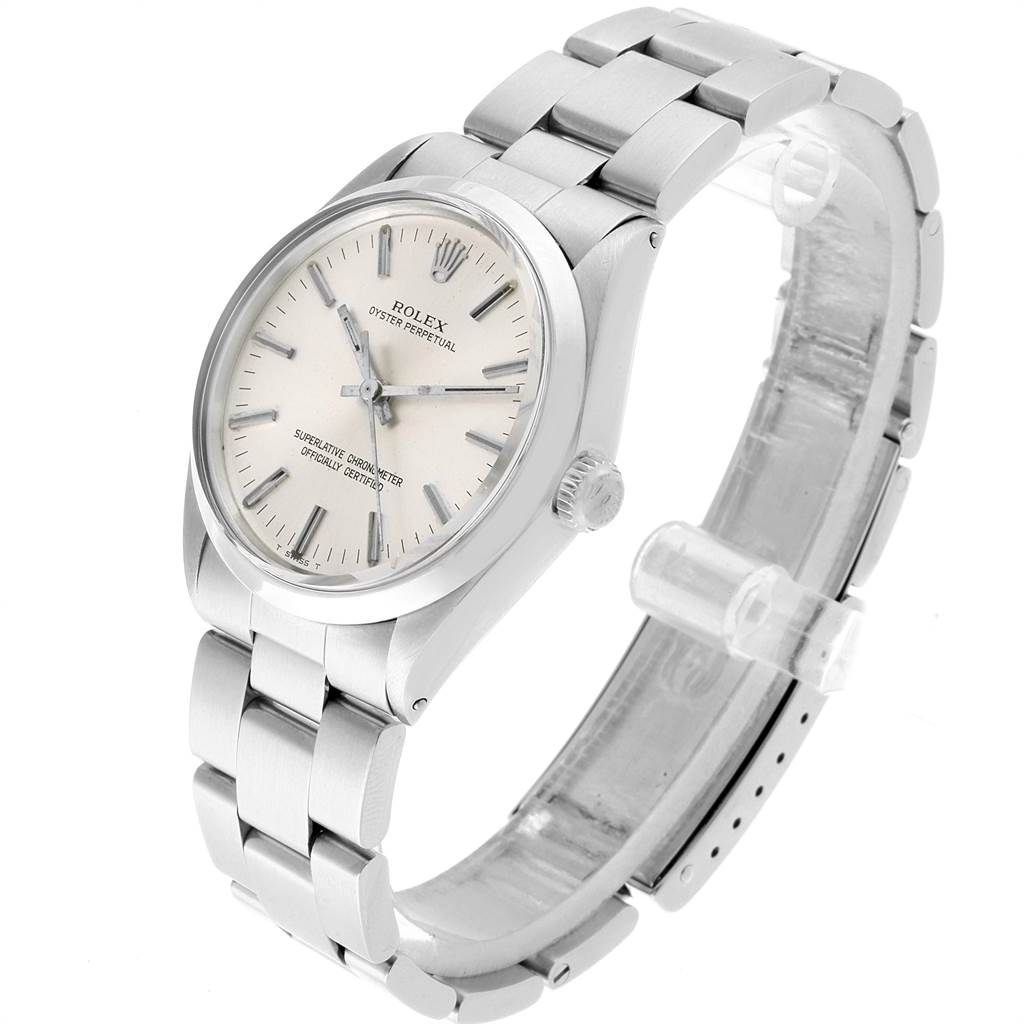This Rolex Vintage Collection 1002 Men's Stainless Steel Silver Dial 1002 Men's Stainless Steel Silver Dial watch is shown at a slight angle, highlighting the face, crown, and part of the bracelet.