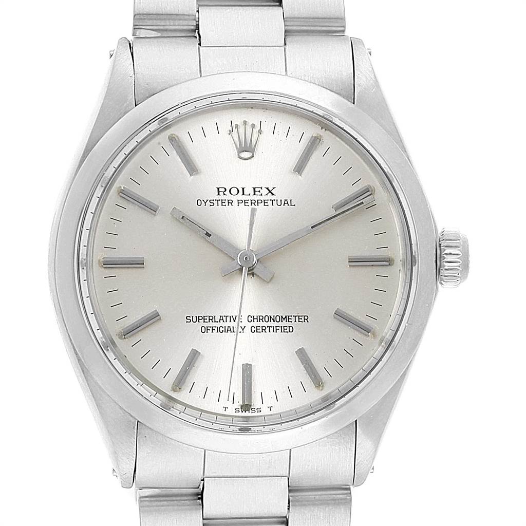 The image shows a front view of the Rolex Vintage Collection 1002 Men's Stainless Steel Silver Dial 1002 Men's Stainless Steel Silver Dial model's face, crown, and part of the bracelet.