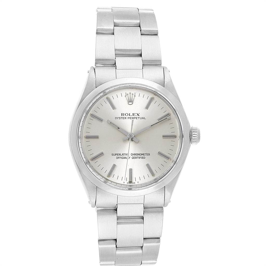 The image shows a frontal view of a Rolex Vintage Collection 1002 Men's Stainless Steel Silver Dial 1002 Men's Stainless Steel Silver Dial Oyster Perpetual watch, displaying its face, bezel, and band.