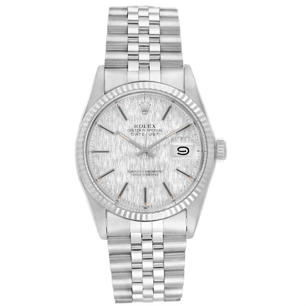 The Rolex Vintage Collection 16014 Men's Stainless Steel Silver Dial 16014 Men's Stainless Steel Silver Dial watch is shown from a front angle, highlighting the face, dial, bracelet, and date window.