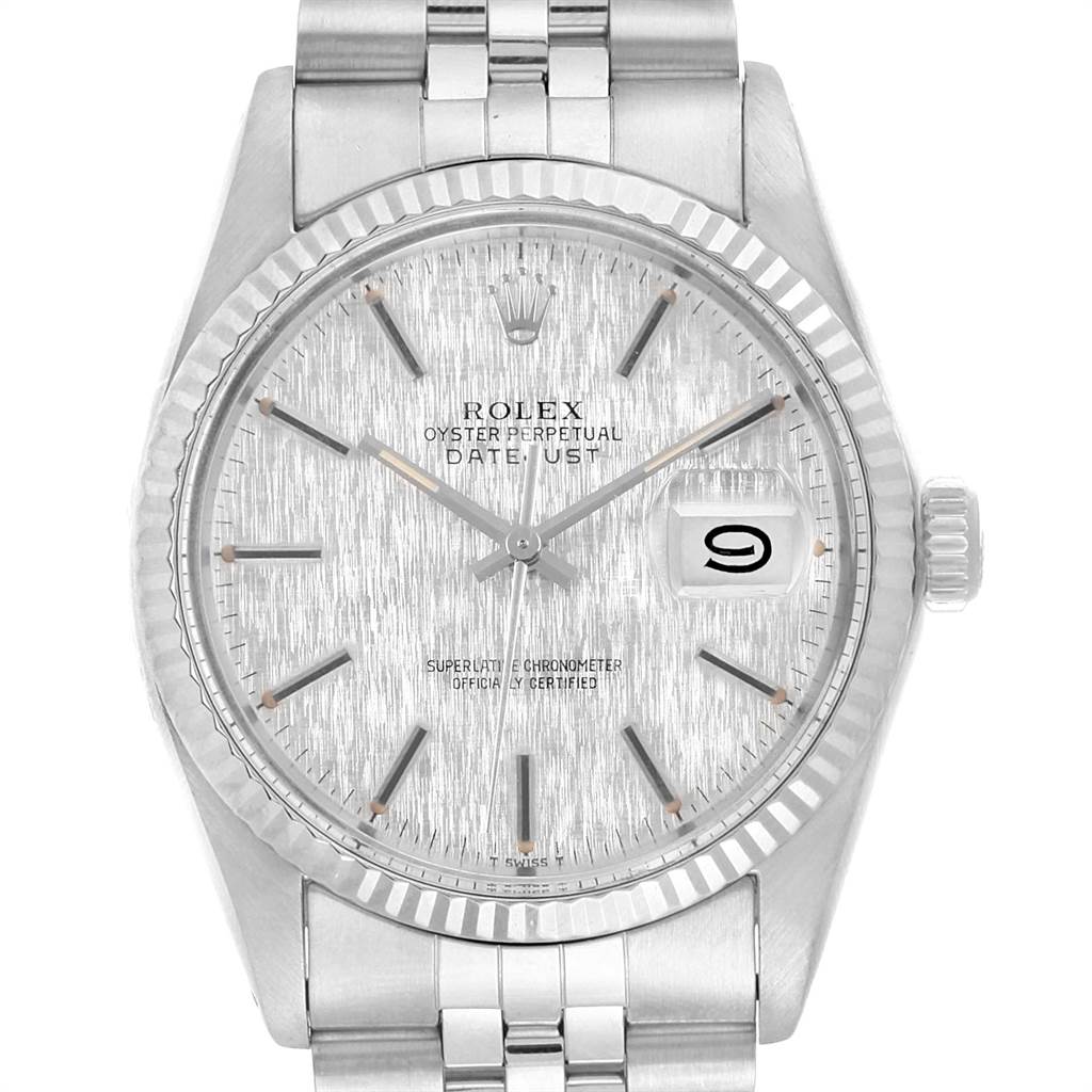 The image shows a front view of the Rolex Vintage Collection 16014 Men's Stainless Steel Silver Dial 16014 Men's Stainless Steel Silver Dial model, displaying the watch face, hour markers, date window, and bracelet.