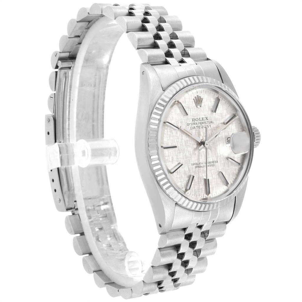 The image shows a side view of the Rolex Vintage Collection 16014 Men's Stainless Steel Silver Dial 16014 Men's Stainless Steel Silver Dial watch, highlighting the dial, bezel, and bracelet.