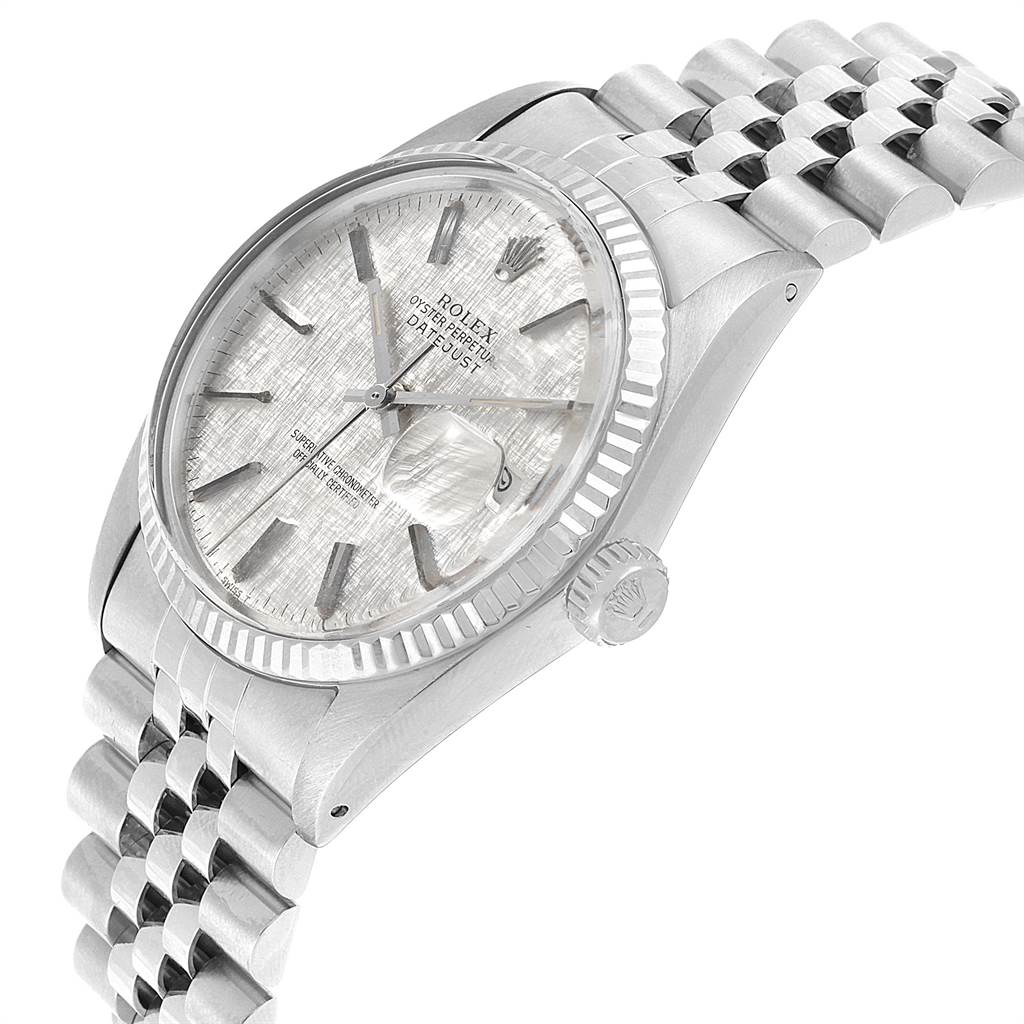 The image shows a Rolex Datejust Vintage Collection watch angled from the side, highlighting its dial, bezel, crown, and bracelet.