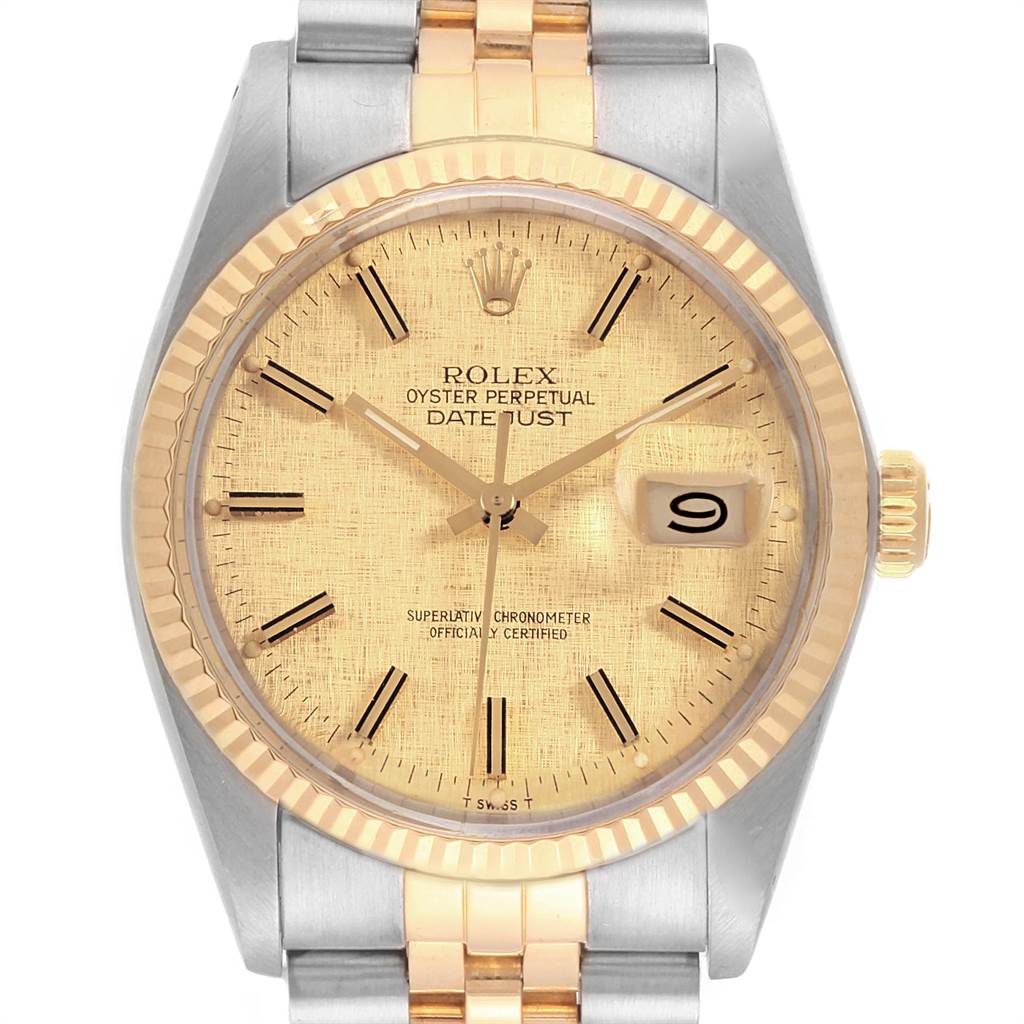 This image shows a front view of the Rolex Vintage Collection 16013 Men's Stainless Steel Champagne Dial 16013 Men's Stainless Steel Champagne Dial Datejust model, highlighting the dial, bezel, crown, and part of the bracelet.