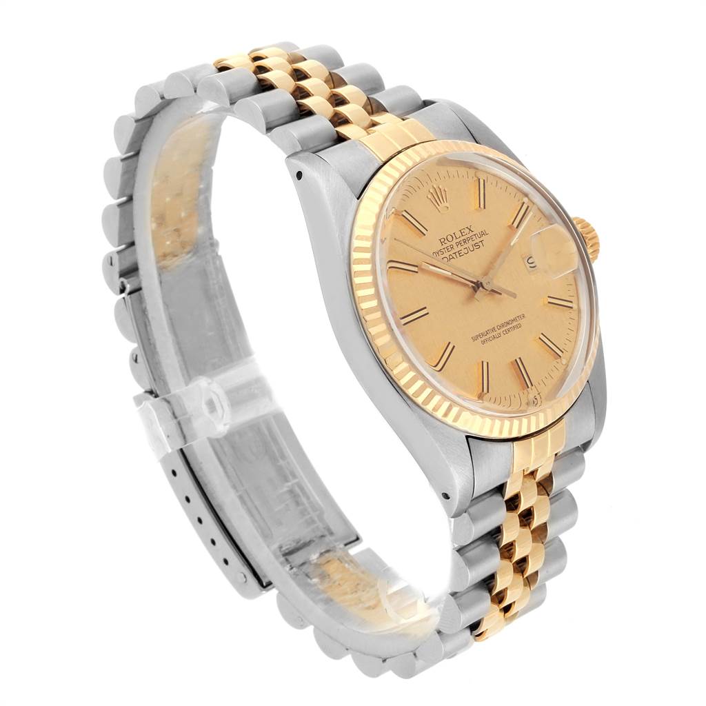 The Rolex Vintage Collection 16013 Men's Stainless Steel Champagne Dial 16013 Men's Stainless Steel Champagne Dial watch is shown at an angled side view, featuring its two-tone bracelet, face, and case.