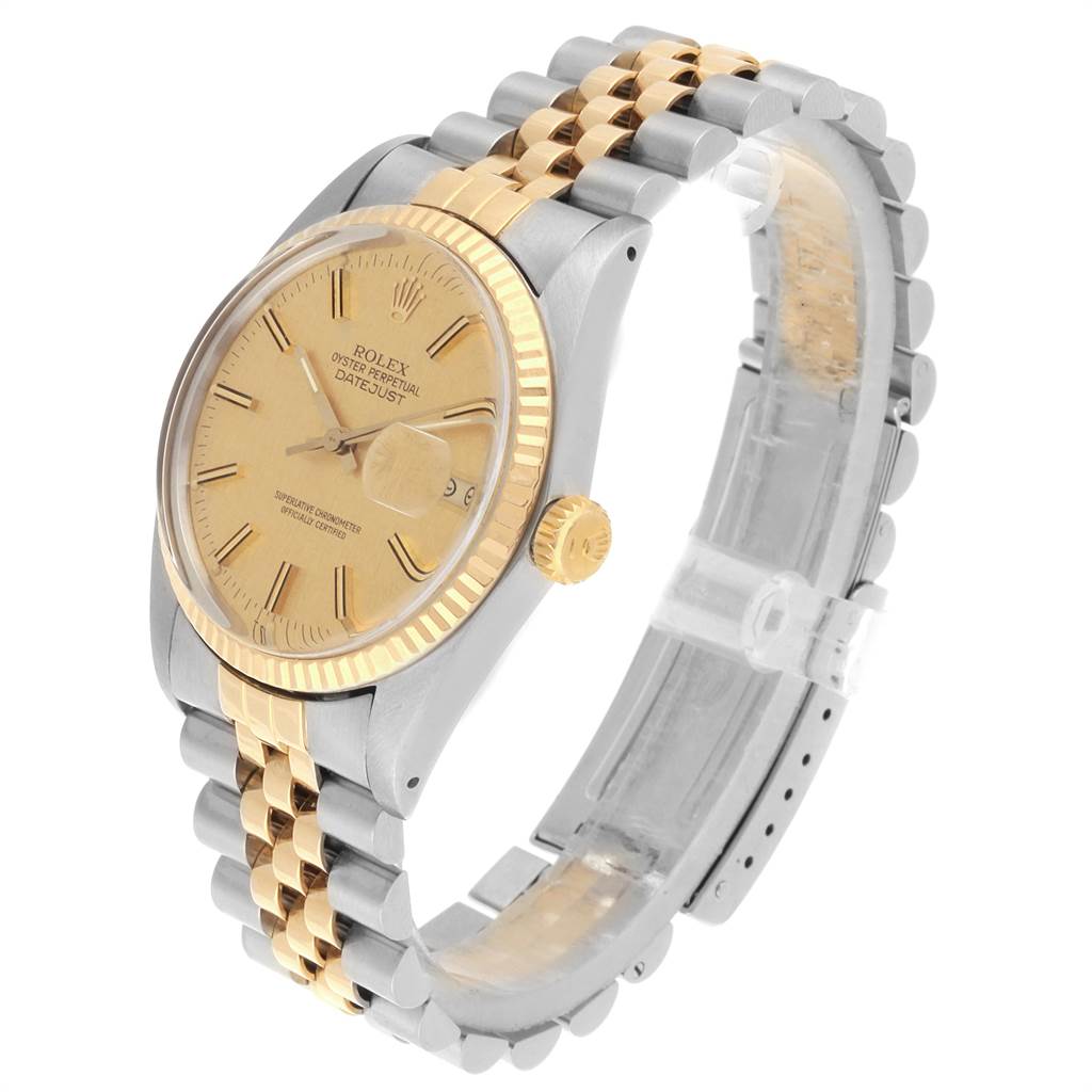 The image shows a Rolex Vintage Collection 16013 Men's Stainless Steel Champagne Dial 16013 Men's Stainless Steel Champagne Dial watch at a three-quarter angle, highlighting its gold bezel, crown, dial, and two-tone bracelet.