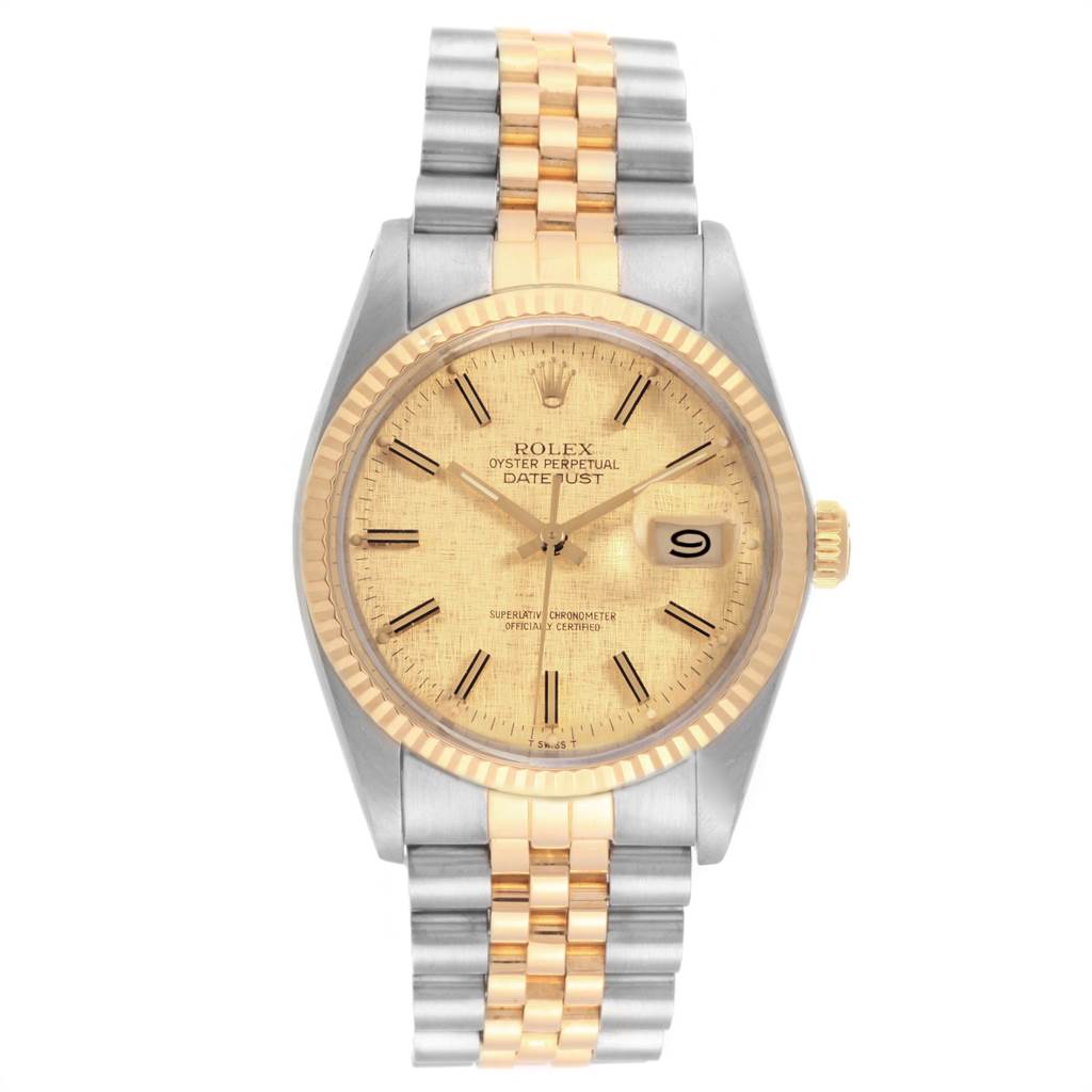 This image shows a front view of the Rolex Vintage Collection 16013 Men's Stainless Steel Champagne Dial 16013 Men's Stainless Steel Champagne Dial Datejust watch with a two-tone bracelet and gold dial.