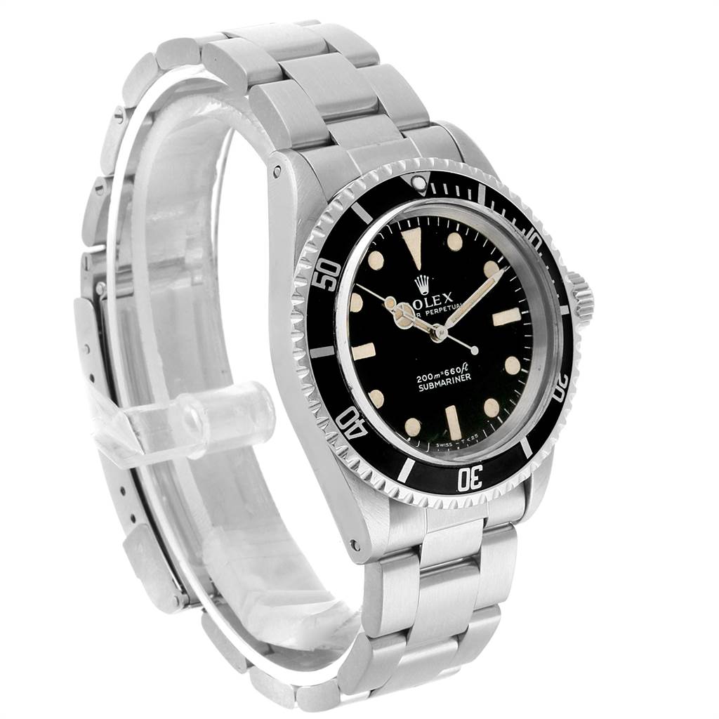 The image shows a side and front angle of a Rolex Vintage Collection 5513 Men's Stainless Steel Black Dial 5513 Men's Stainless Steel Black Dial Submariner watch with a stainless steel band.