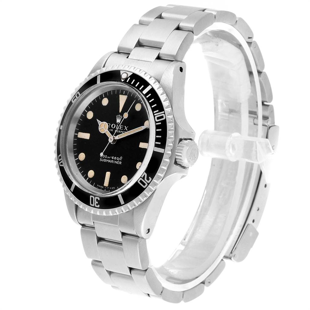 The image shows a side-angle view of a Rolex Vintage Collection 5513 Men's Stainless Steel Black Dial 5513 Men's Stainless Steel Black Dial Submariner watch, highlighting its bracelet, bezel, and dial.